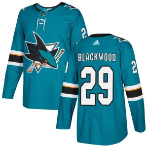 Men's San Jose Sharks Mackenzie Blackwood Adidas Authentic Teal Home Jersey - Black