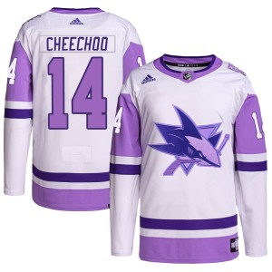 Men's San Jose Sharks Jonathan Cheechoo Adidas Authentic Hockey Fights Cancer Primegreen Jersey - White/Purple