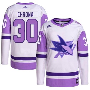 Men's San Jose Sharks Magnus Chrona Adidas Authentic Hockey Fights Cancer Primegreen Jersey - White/Purple