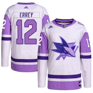 Men's San Jose Sharks Bob Errey Adidas Authentic Hockey Fights Cancer Primegreen Jersey - White/Purple