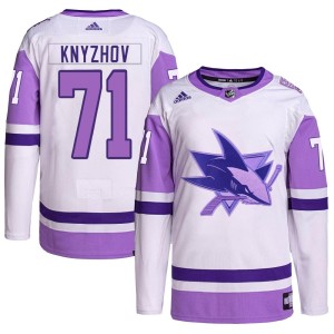 Men's San Jose Sharks Nikolai Knyzhov Adidas Authentic Hockey Fights Cancer Primegreen Jersey - White/Purple