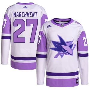 Men's San Jose Sharks Bryan Marchment Adidas Authentic Hockey Fights Cancer Primegreen Jersey - White/Purple