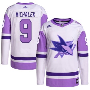 Men's San Jose Sharks Milan Michalek Adidas Authentic Hockey Fights Cancer Primegreen Jersey - White/Purple