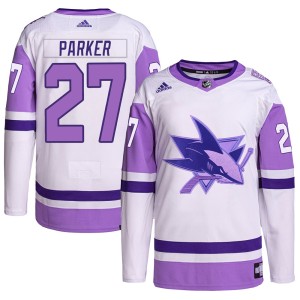 Men's San Jose Sharks Scott Parker Adidas Authentic Hockey Fights Cancer Primegreen Jersey - White/Purple