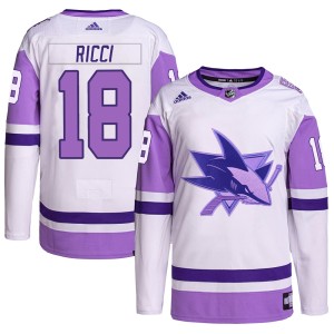Men's San Jose Sharks Mike Ricci Adidas Authentic Hockey Fights Cancer Primegreen Jersey - White/Purple