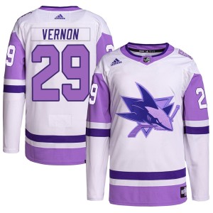 Men's San Jose Sharks Mike Vernon Adidas Authentic Hockey Fights Cancer Primegreen Jersey - White/Purple