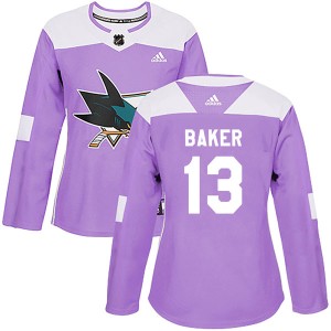 Women's San Jose Sharks Jamie Baker Adidas Authentic Hockey Fights Cancer Jersey - Purple