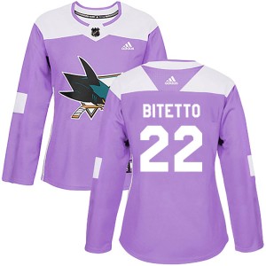 Women's San Jose Sharks Anthony Bitetto Adidas Authentic Hockey Fights Cancer Jersey - Purple