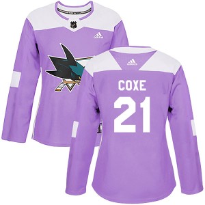 Women's San Jose Sharks Craig Coxe Adidas Authentic Hockey Fights Cancer Jersey - Purple