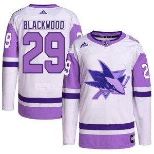 Youth San Jose Sharks Mackenzie Blackwood Adidas Authentic Hockey Fights Cancer Primegreen Jersey - White/Purple