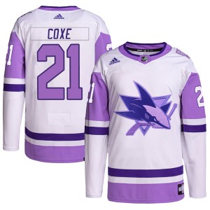 Youth San Jose Sharks Craig Coxe Adidas Authentic Hockey Fights Cancer Primegreen Jersey - White/Purple
