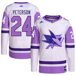 Youth San Jose Sharks Jacob Peterson Adidas Authentic Hockey Fights Cancer Primegreen Jersey - White/Purple