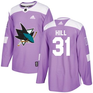 Men's San Jose Sharks Adin Hill Adidas Authentic Hockey Fights Cancer Jersey - Purple