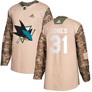 Men's San Jose Sharks Martin Jones Adidas Authentic Veterans Day Practice Jersey - Camo