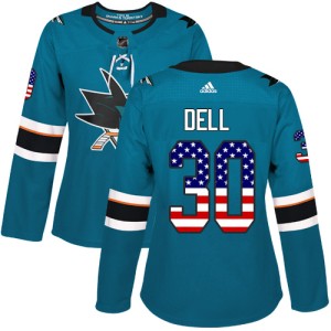 Women's San Jose Sharks Aaron Dell Adidas Authentic Teal USA Flag Fashion Jersey - Green