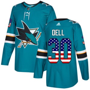 Youth San Jose Sharks Aaron Dell Adidas Authentic Teal USA Flag Fashion Jersey - Green
