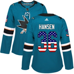Women's San Jose Sharks Jannik Hansen Adidas Authentic Teal USA Flag Fashion Jersey - Green