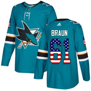 Men's San Jose Sharks Justin Braun Adidas Authentic Teal USA Flag Fashion Jersey - Green