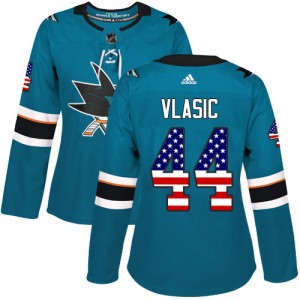 Women's San Jose Sharks Marc-Edouard Vlasic Adidas Authentic Teal USA Flag Fashion Jersey - Green