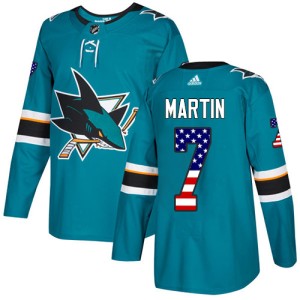 Men's San Jose Sharks Paul Martin Adidas Authentic Teal USA Flag Fashion Jersey - Green